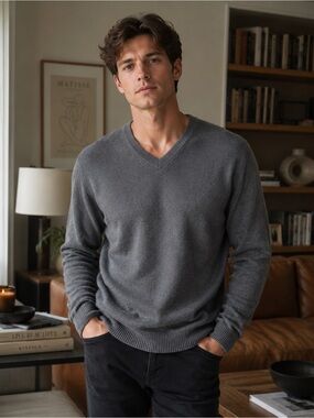 W.H. Belk Sportswear 2 Ply Cashmere Sweater Burgundy Gray V Neck Vintage Mens XL